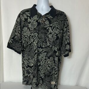 Tommy Bahama Black and Gray Tropical Leaf Hawaiian Print Polo Shirt Sleeve Shirt